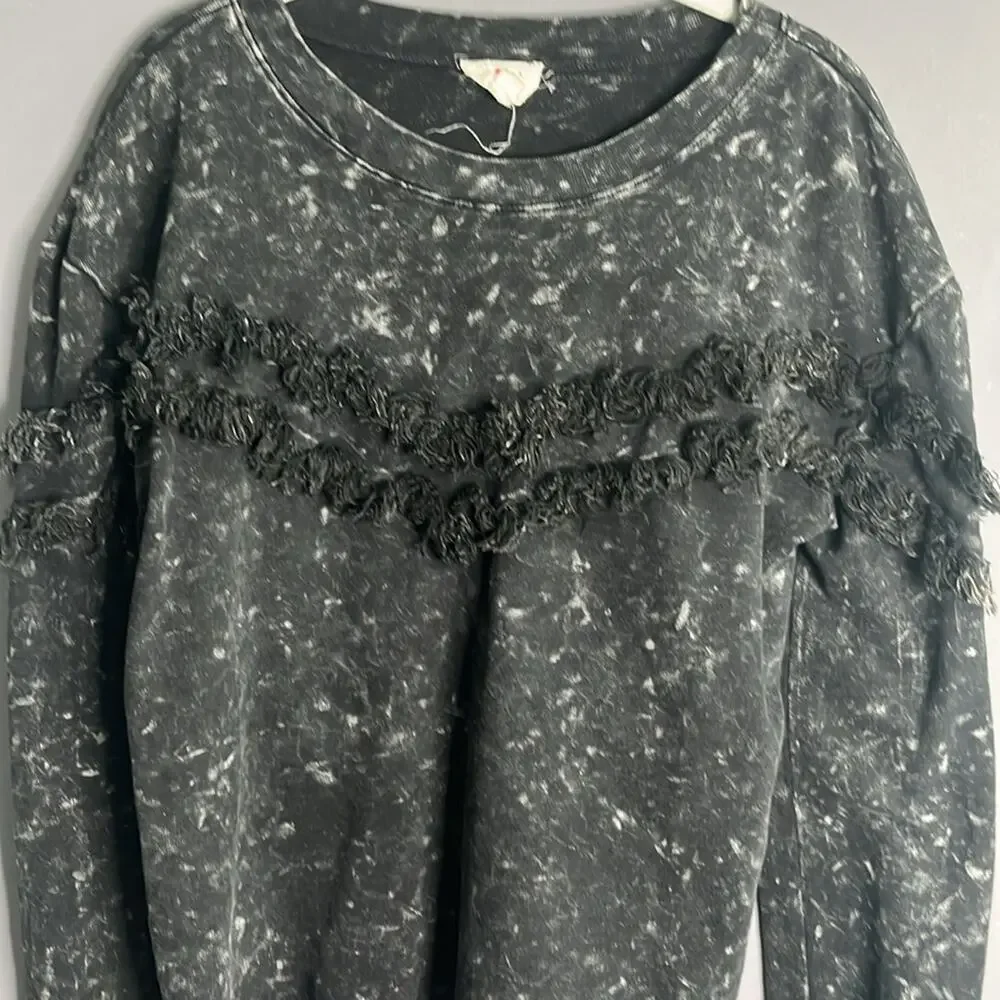 Bibi Black Crewneck Sweatshirt Ruffle Detail Medium